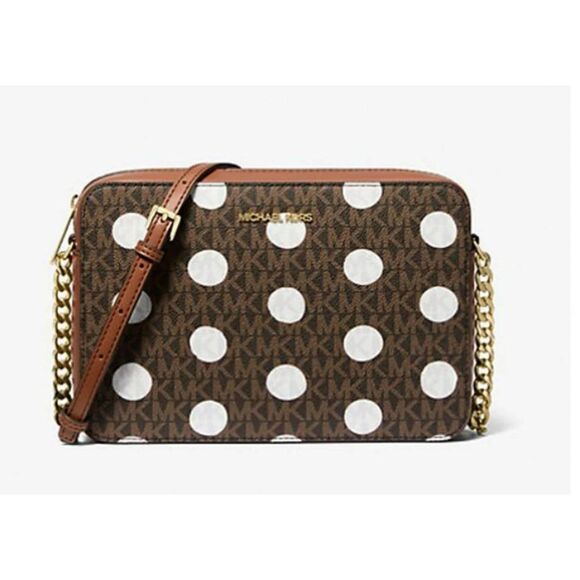 NWT~GIFT BOXED~MICHAEL KORS Large Jet Set Brown Polka Dot Sig Logo Crossbody Bag - Picture 1 of 7